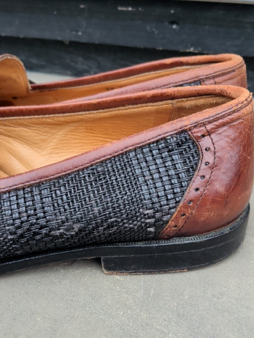 Johnston&Murphy/Made In Italy Men's Brown Leather & Charcoal Woven Penny Loafers - Picture 8 of 14